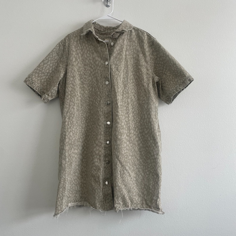 Universal Thread Denim Dress Women XL Snow Leopard Print Mini Button Beige